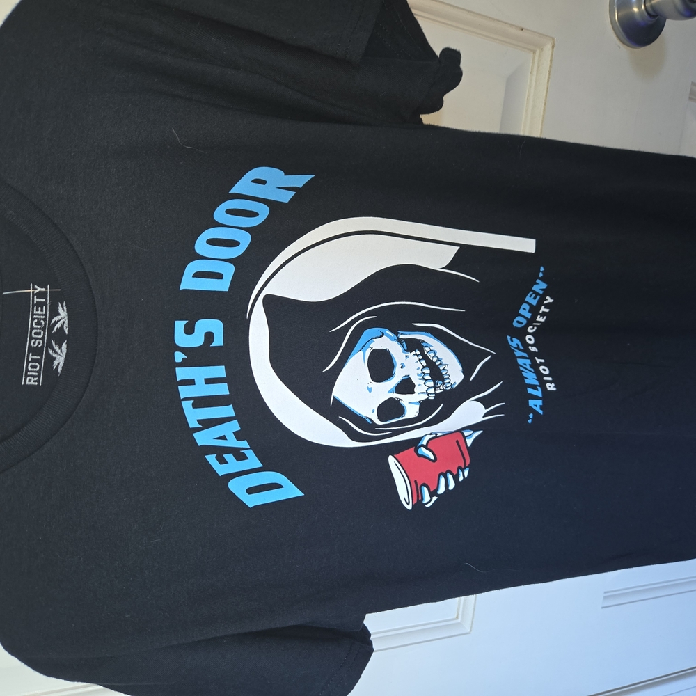 Riot Society Black Tee with Skull and Blue Text